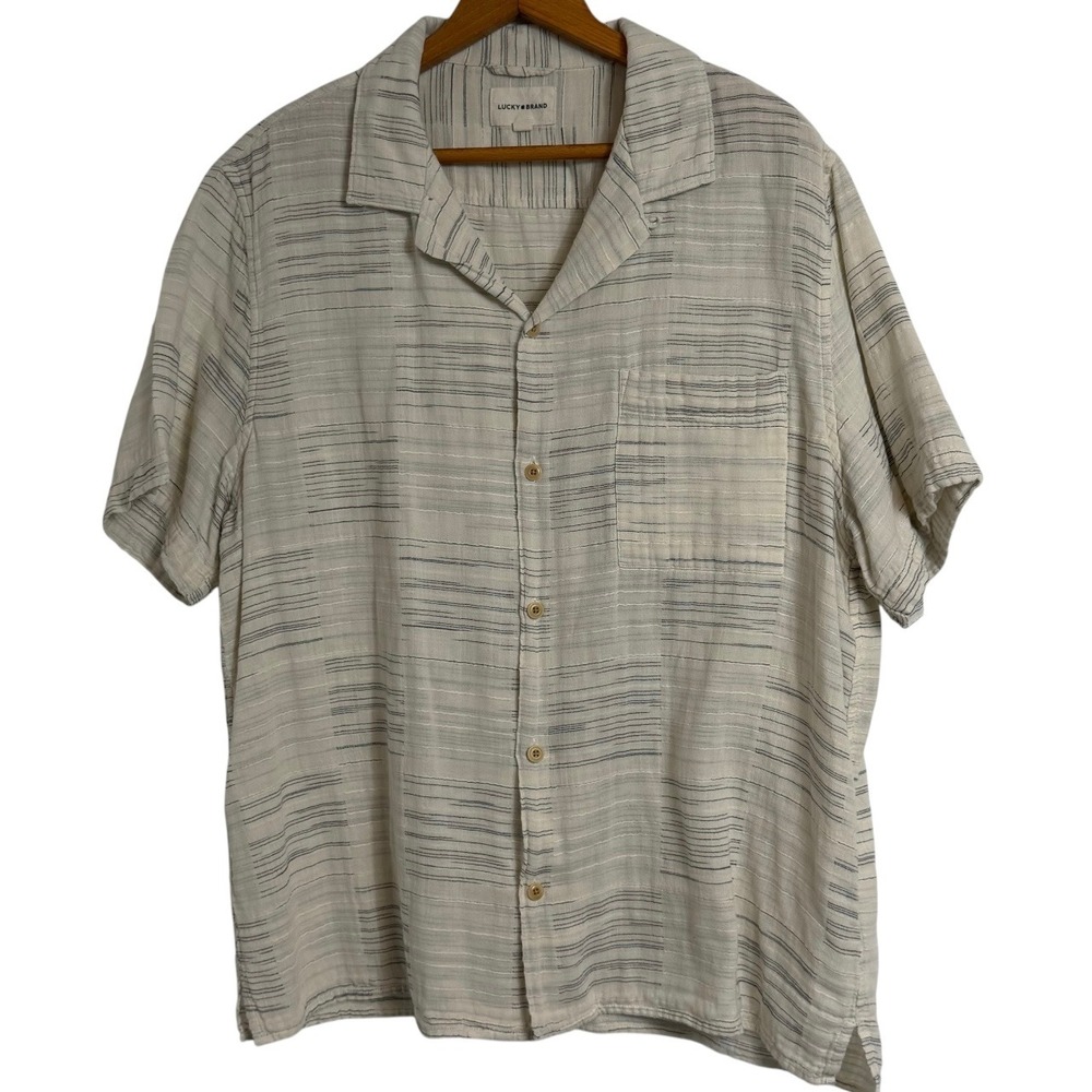 Lucky Brand Mens XL Short Sleeve Button Down Shirt Textured Stripe Off-White
